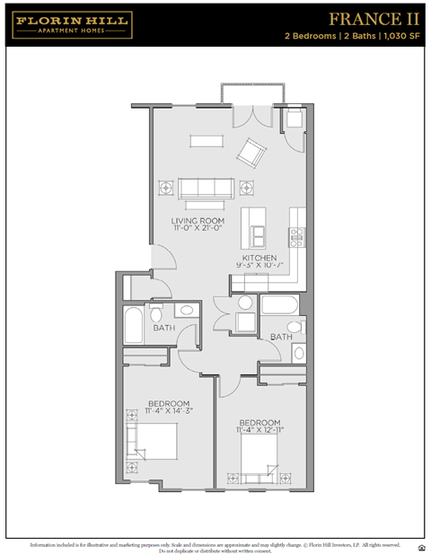 Floor plan for 2 beds, 2 baths, 1030 sqft